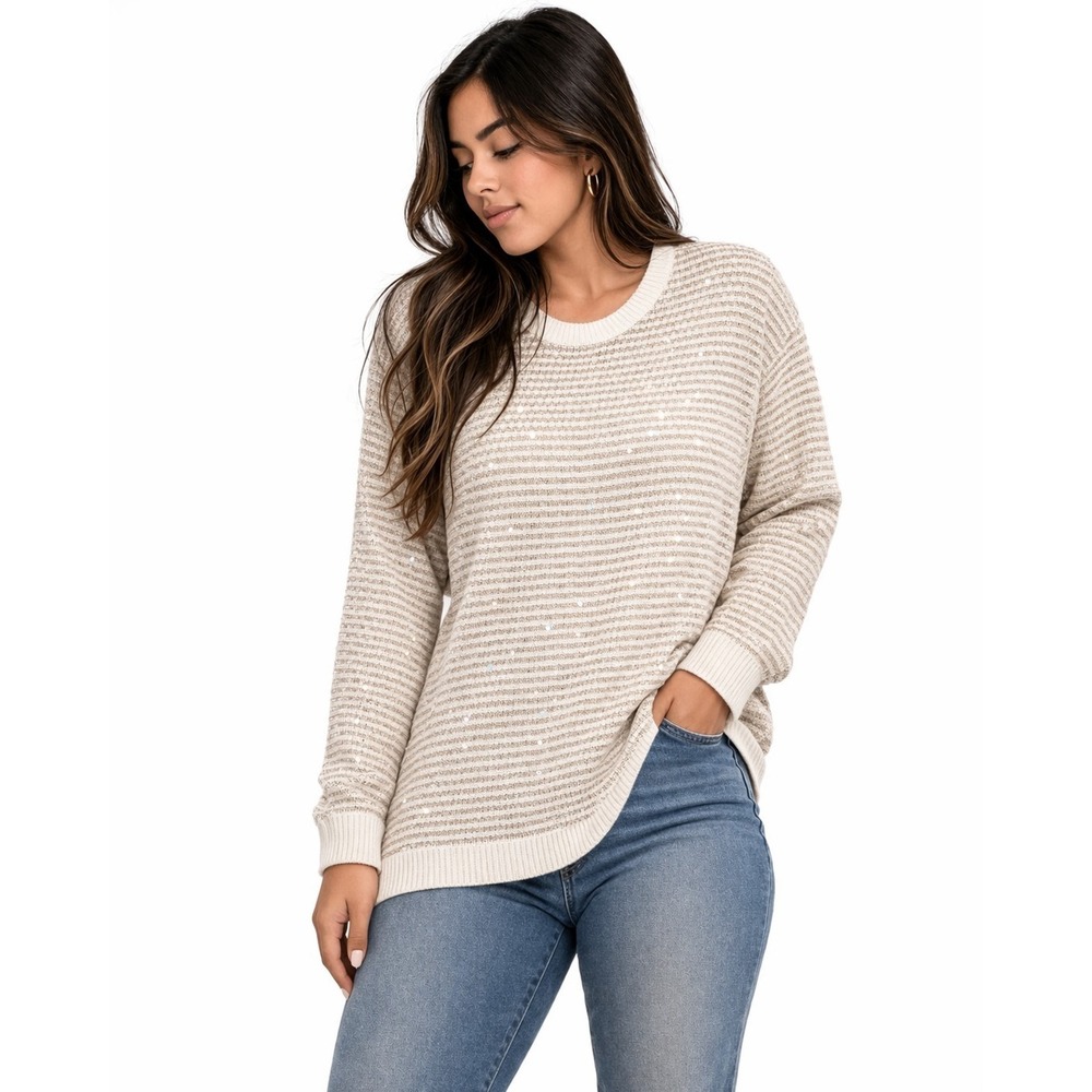 Gap Women's Sequin Stripe Sweater New Chalk  Sparkle‎ Gold Crewneck Knit Size XL